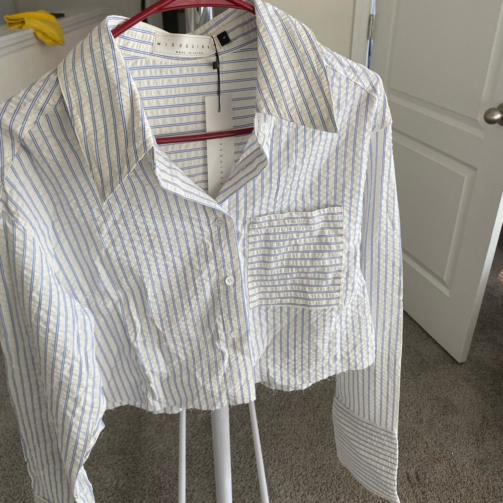 Blue and White Striped Cropped Shirt
